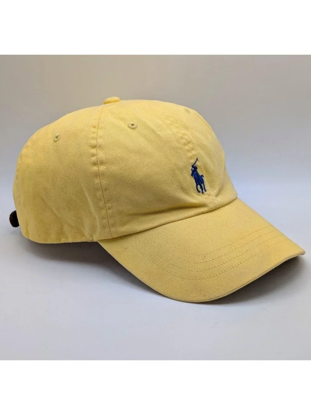 Vintage Polo Ralph Lauren Hat Yellow Blue Pony Logo Leather Strap Y2K Nautical